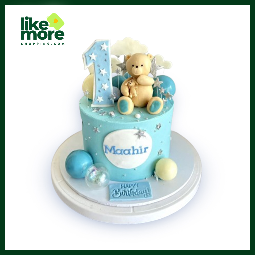 Simple Blue Teddy Theme Cake